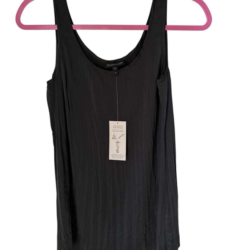 NWT Eileen Fisher Dark Grey/Black Silk Crinkle Scoop Neck Camisole Tank Top XS